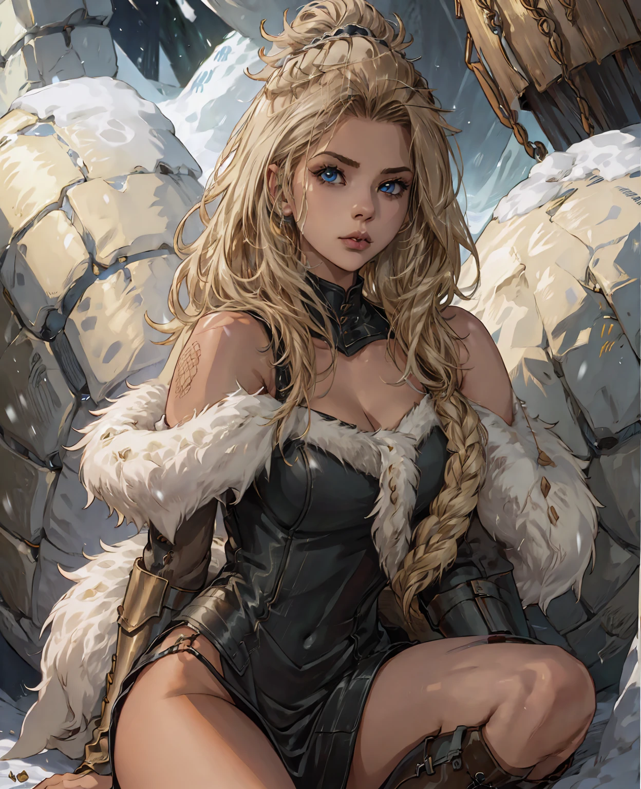 a woman in rugged fur-lined leather armor,thick woolen layers,heavy boots,sturdy fur cloak,beautiful detailed eyes,beautiful detailed lips,extremely detailed face and portrait,longeyelashes,1girl,concept art,fantasy,cinematic lighting,dramatic lighting,high fantasy,dramatic atmosphere,detailed environment,cold winter landscape,snow,intricate armor design,photorealistic,8k,best quality,masterpiece,ultra-detailed