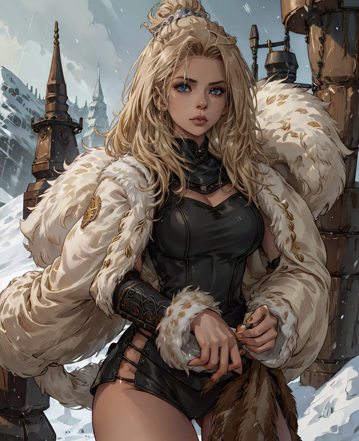 a woman in rugged fur-lined leather armor,thick woolen layers,heavy boots,sturdy fur cloak,beautiful detailed eyes,beautiful detailed lips,extremely detailed face and portrait,longeyelashes,1girl,concept art,fantasy,cinematic lighting,dramatic lighting,high fantasy,dramatic atmosphere,detailed environment,cold winter landscape,snow,intricate armor design,photorealistic,8k,best quality,masterpiece,ultra-detailed