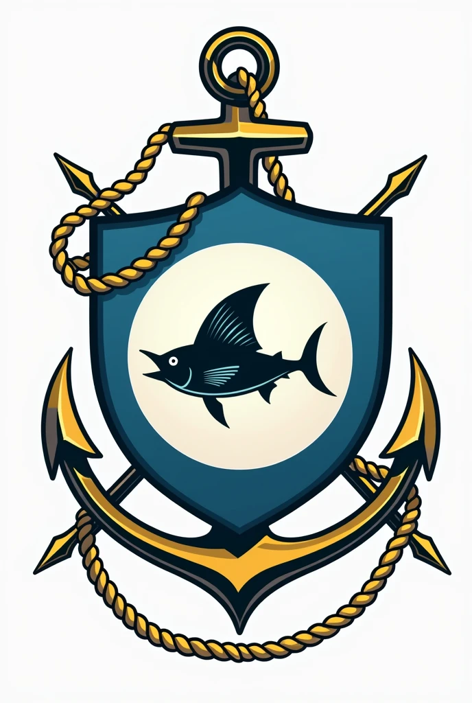 Make a circular shield with a sailfish in the center with an anchor at the bottom and the 4 cardinal points in the background. The outline of the shield has to be a yellow rope with a chain at the top. The anchor does not have to come out of the shield. The design should be simple and not realistic or in 3D.