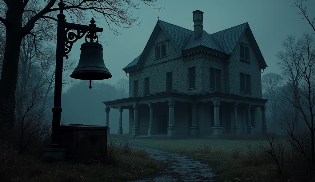  An old, deserted mansion in the dark of night. A large bell hangs in front of the mansion, under which is placed a rotten box.