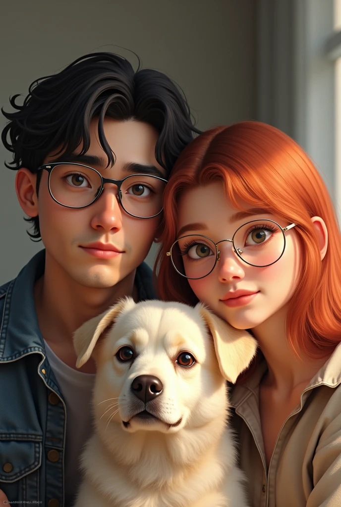 Redhead girl without a quiff with gold glasses, with her dark brown-haired boyfriend with very thick eyebrows and silver-colored glasses,  with her medium-sized, almost white, beige male dog