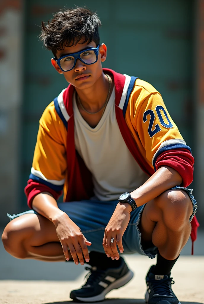 Mexican 20 year old man wearing open baseball jersey safety goggles and denim short shorts And black socks kneeling