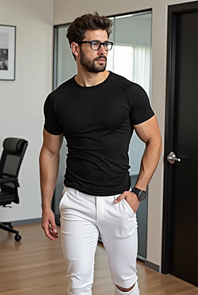 man, black fur, glasses, athletic, in office