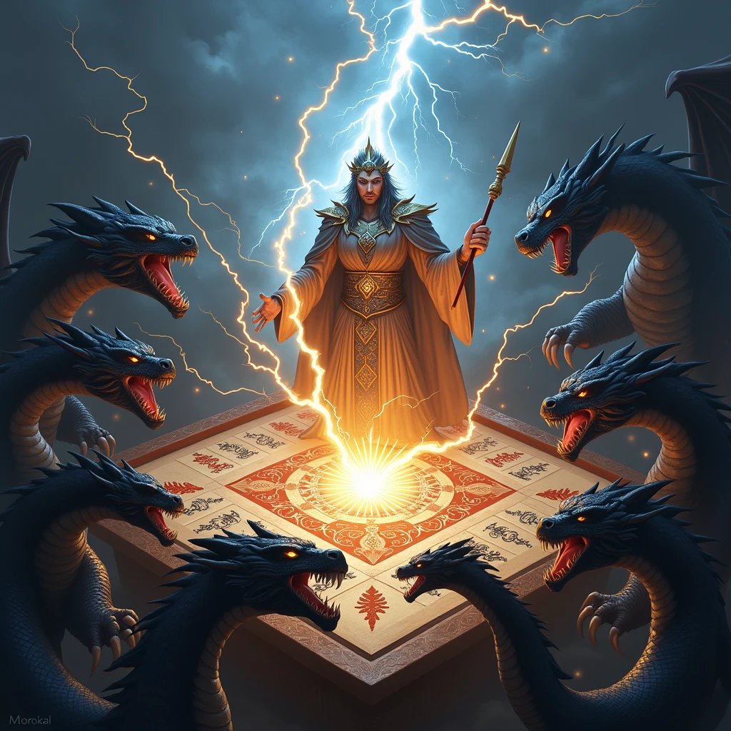 god of thunder make a thunder from his magical wand through square majong board in the middle of the black dragons. all the dragons were angry