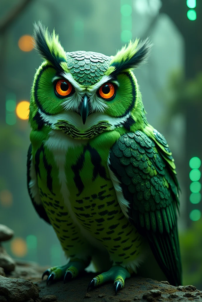 a green owl, intricate technology network, universal wiring, detailed digital art, futuristic, cinematic lighting, glowing neon, hyperrealistic, 8k, high detail, photorealistic, volumetric lighting, dramatic shadows, neon lights, advanced technology, surreal, cyberpunk, hyper-detailed feathers, piercing eyes, mechanical wings