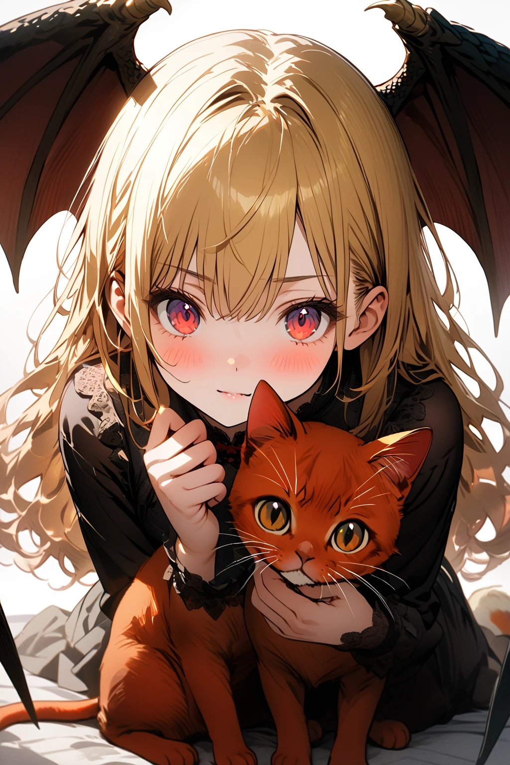 ((Head to Toe)), (Perfect Face：1.1)、(Attention to detail：1.1), masterpiece, Highest quality, Very detailed, High resolution, Japanese anime,One person, Blonde, dragon wings, (((Red Cat&#39;s Eye:1.5))), (((美しいAttention to detail目:1.4))), ((角からつま先までwhole body:1.5)), smile, (Dragon Horn:1.5), Height 135cm, original character, Fantasy,  (((whole body:1.8))), Beautiful fingers, Are standing, (Blue White Gold Lace Ruffle Dress:1.5), Shoot from the front, View your viewers, Exposed Skin, Dragon Princess,  hyper quality, highly detailed
