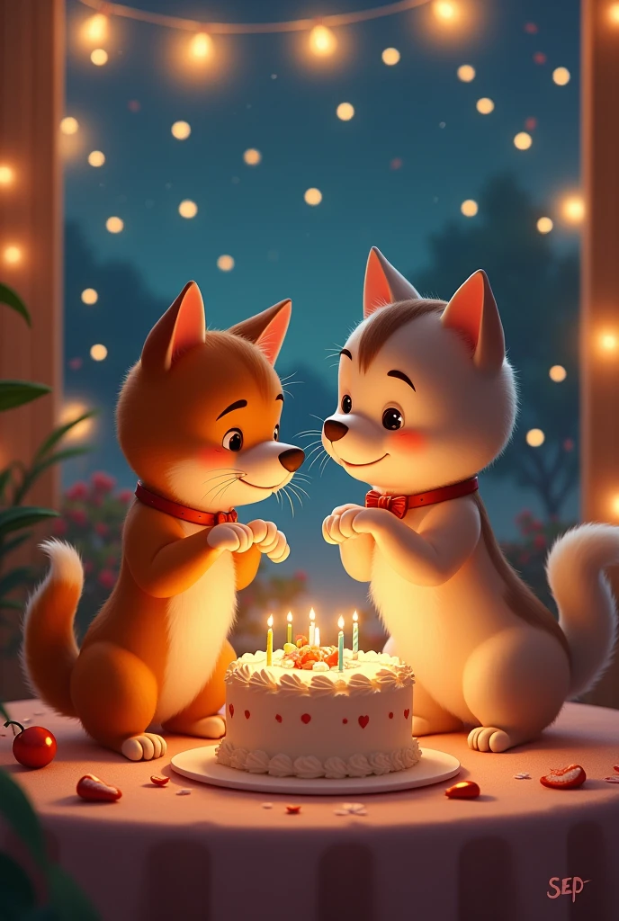A cat and dog, cake, Lights, night, love in eyes