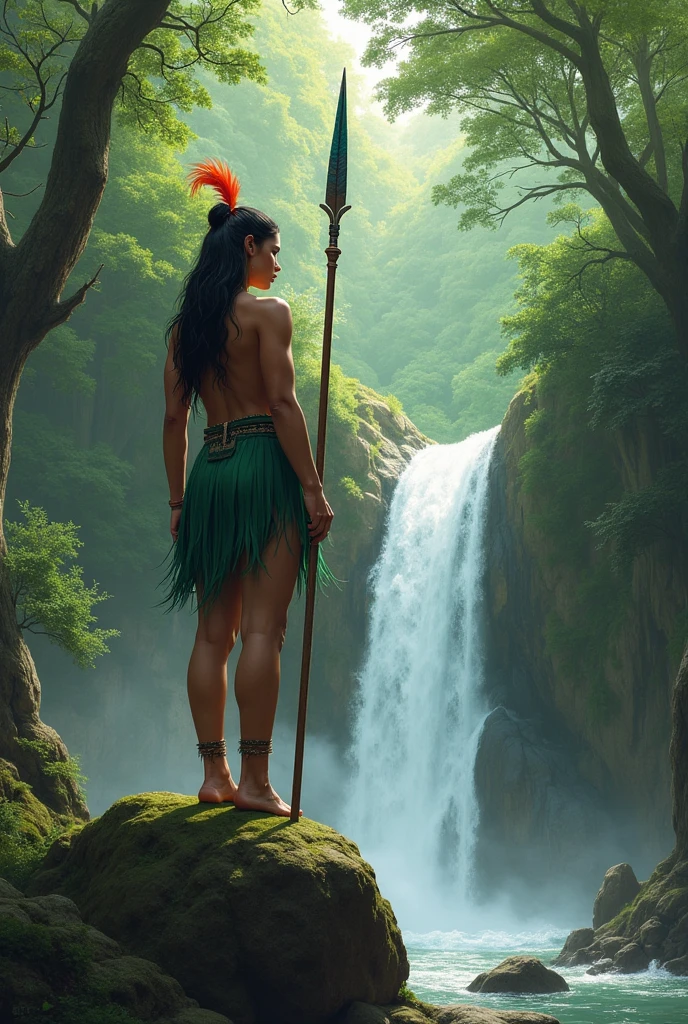 An adult cabocla, wearing a small green skirt with a feather on her head and holding a spear, at a forest, on top of a small rock looking at a waterfall 