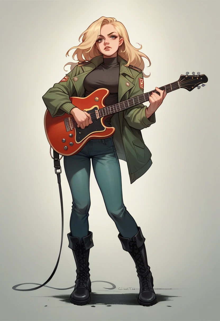 Realistic full body sexy metal girl with a electric guitar long and culry blonde hair perfect body, military boots, black learher jacket in a show 