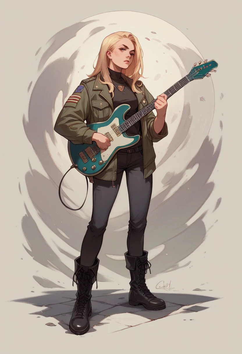 Realistic full body sexy metal girl with a electric guitar long and culry blonde hair perfect body, military boots, black learher jacket in a show