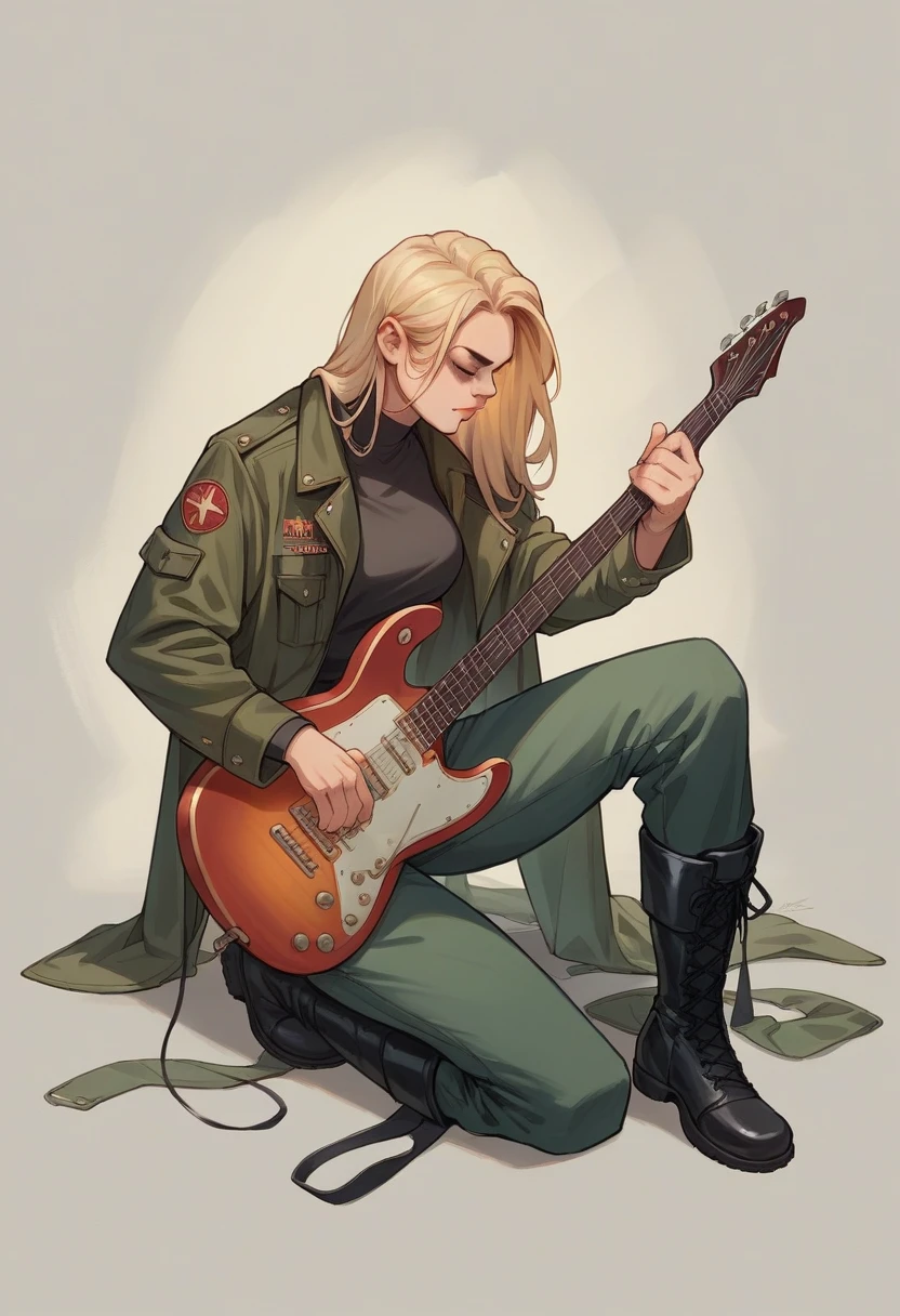 Realistic full body sexy metal girl with a electric guitar long and culry blonde hair perfect body, military boots, black learher jacket in a show