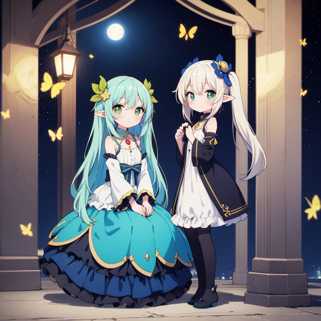 Hatsune Miku, long side bangs, elf ears, sitting in a meadow, yellow fireflies, blue and yellow lights float around her, faintly blushing , green eyes, detached sleeves, bare shoulders, golden pendant, silver earrings, elf girl, :o, shy, shy smile,  black high heels , night, huge moon, night, starry sky, northern lights, galaxy sky, ripped blue shorts, glowing butterflies, glowing flowers, blue ruffled pajama crop top, sitting down, ,,,  big bright beautiful  eyes, standing  further from viewer, beautiful detailed skin, beautiful detailed skin , full body,  incredibly  detailed, ,  hair ornament, facing viewer,  incredibly detailed, masterpiece, bright pupils,  new, ai generated, perfect lighting, perfect_anatomy, better hands, more details, detailed background, light particles, best quality, canvas, painting, vibrant colors, detailed background, fierce look, sharp focus,  hair ornament, facing viewer, gem,sparkle,more details, 8k quality,high resolution, more detail , 4kwallpaper,  soft blush, sweet smile,shadows, gem,sparkle, star \(symbol\), , standing further from viewer ,Maccha Artstyle, pastel \(medium\), soft, pastel color palette, soft color palette, detailed style, cute, bright colours, shiny, sparkly eyes, detailed background, fine lineart, detailed shadows, detailed style, clean lineart, detailed lights,