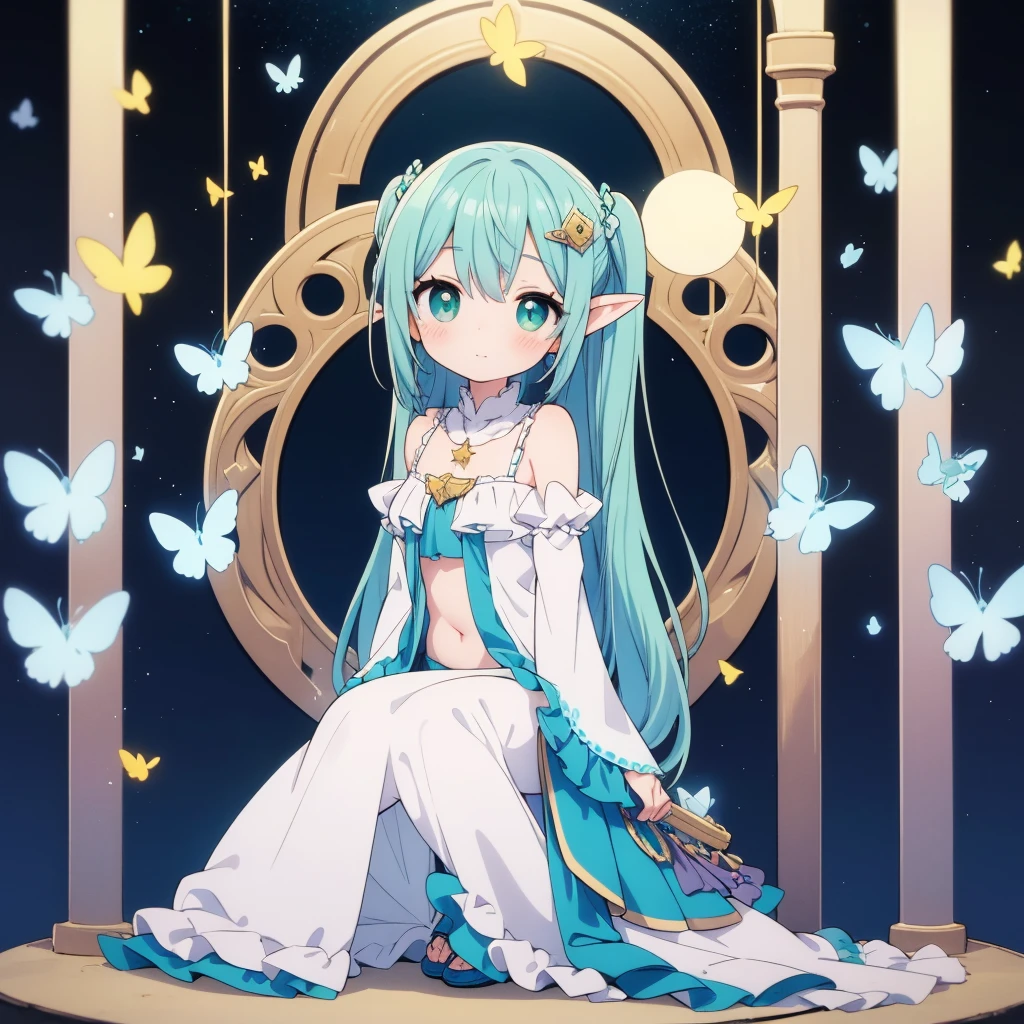 Hatsune Miku, long side bangs, elf ears, sitting in a meadow, yellow fireflies, blue and yellow lights float around her, faintly blushing , green eyes, detached sleeves, bare shoulders, golden pendant, silver earrings, elf girl, :o, shy, shy smile,  black high heels , night, huge moon, night, starry sky, northern lights, galaxy sky, ripped blue shorts, glowing butterflies, glowing flowers, blue ruffled pajama crop top, sitting down, ,,,  big bright beautiful  eyes, standing  further from viewer, beautiful detailed skin, beautiful detailed skin , full body,  incredibly  detailed, ,  hair ornament, facing viewer,  incredibly detailed, masterpiece, bright pupils,  new, ai generated, perfect lighting, perfect_anatomy, better hands, more details, detailed background, light particles, best quality, canvas, painting, vibrant colors, detailed background, fierce look, sharp focus,  hair ornament, facing viewer, gem,sparkle,more details, 8k quality,high resolution, more detail , 4kwallpaper,  soft blush, sweet smile,shadows, gem,sparkle, star \(symbol\), , standing further from viewer ,Maccha Artstyle, pastel \(medium\), soft, pastel color palette, soft color palette, detailed style, cute, bright colours, shiny, sparkly eyes, detailed background, fine lineart, detailed shadows, detailed style, clean lineart, detailed lights,