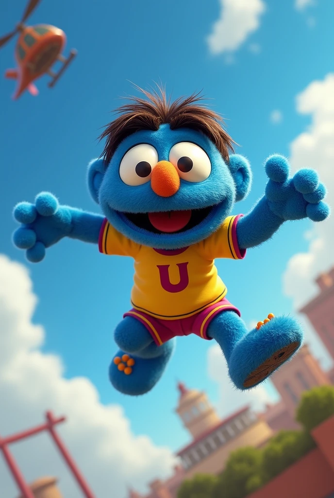 a cheerful blue character from Sesame Street, Pancho Contreras, with yellow eyes with black pupils, a nose the color of an egg, brown eyebrows, wearing a cream-colored soccer jersey with a cherry-colored U, jumping from a helicopter.