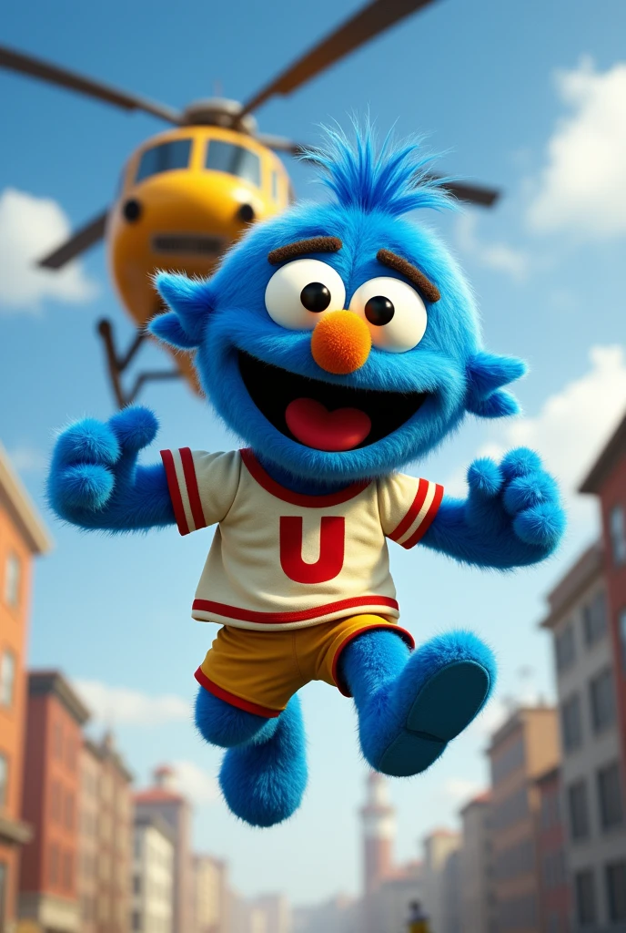 a cheerful blue character from Sesame Street, Pancho Contreras, with yellow eyes with black pupils, a nose the color of an egg, brown eyebrows, wearing a cream-colored soccer jersey with a cherry-colored U, jumping from a helicopter.