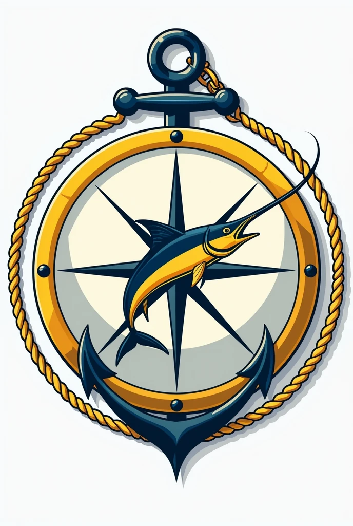 Make a circular shield with a sailfish in the center with an anchor at the bottom and the 4 cardinal points in the background. The outline of the shield has to be a yellow rope with a chain at the top. The anchor does not have to come out of the shield. The design should be simple and not realistic or in 3D.