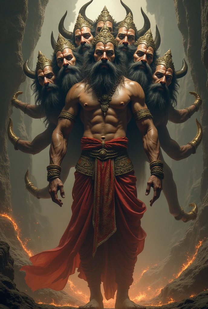 The God Raavanan with perfect body structure , with ten heads , normal skin colour,with mustach,human skin colour, ten heads raavanan , heads are same ,extra two heads