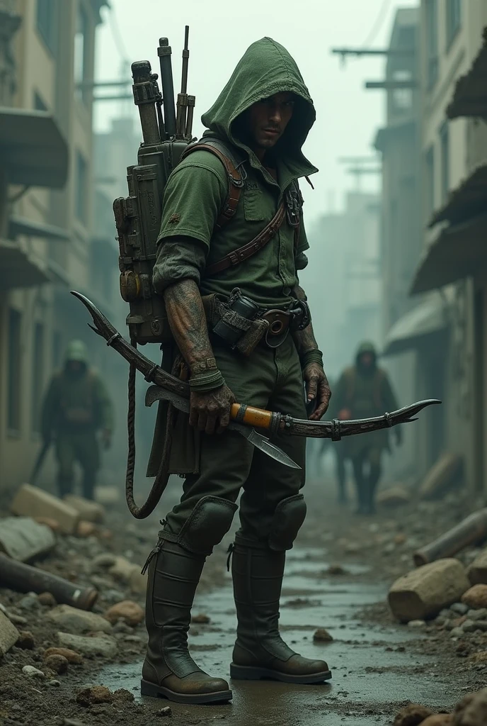 A character in a post-apocalyptic setting, inspired by the game 7 Days to Die. He is equipped with mid-range stealth armor., matching a survivor look. The surrounding scenery shows a destroyed urban environment, with ruined buildings and abandoned vehicles. The character is holding a bow, with a knife attached to his waist, ready to ambush zombies that are in the distance. The atmosphere is tense, in low light, focusing on shadows and contrasts to highlight the character's stealth. The color palette should be dark, with shades of gray and dark green predominating, reflecting the hostile and dangerous environment