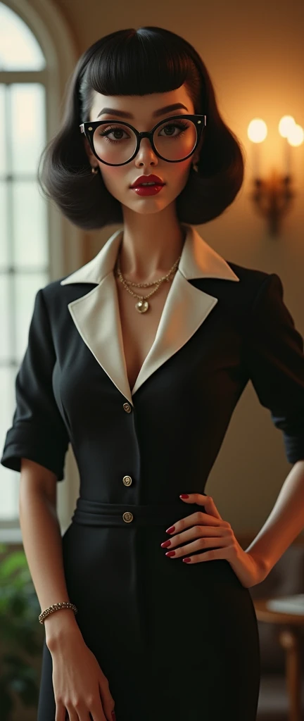 1940s colour traditional sophisticated trophy wife female with formal dress that represents hip hop, bangs hairstyle with formal posture very equsite quaint elegant with glasses hip hop rap gestures