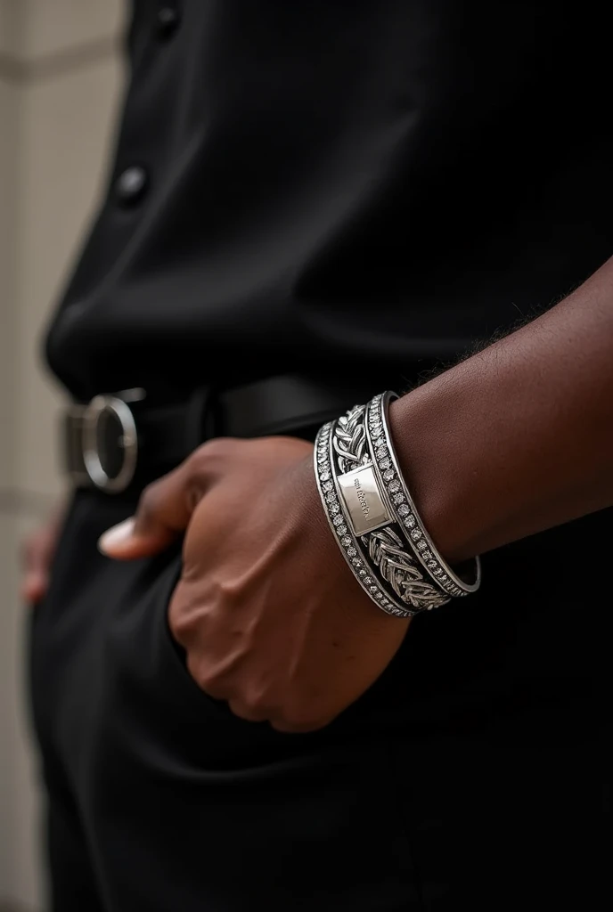 Jewelry bracelets men's bracelet, Plata, braided rhinestones on the edges, written in the center Clayton Du Lord The model is of black ethnicity and wears a black shirt