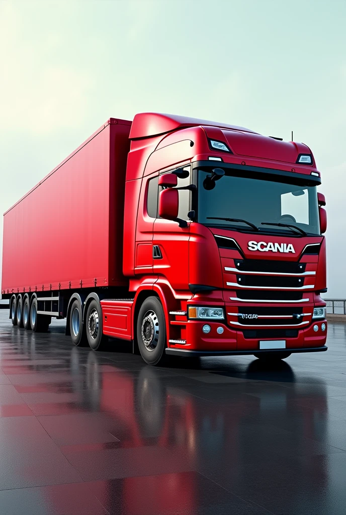Red Scania truck with red horizontal van