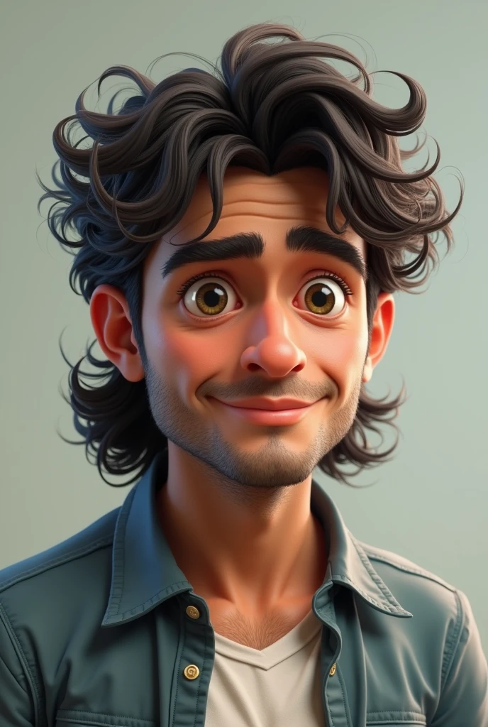 make a man dark, with curly hair and a mullet cut, that is moderately high, be funny, a little handsome