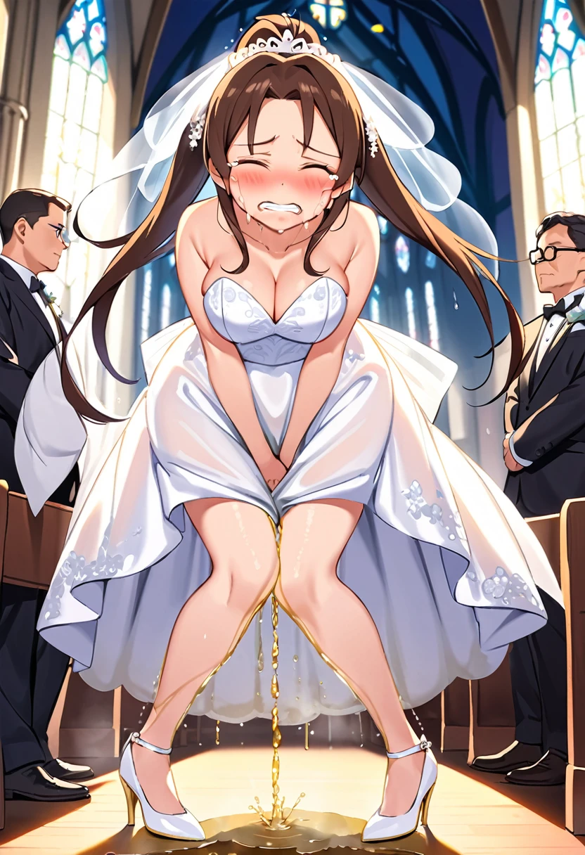 NSFW, (masterpiece, top quality, best quality, highly detailed:1.6), anatomically correct,(Wedding dress:2.5),(church:2), (standing:2.5),(leaning forward, hands between legs:2), (Touching crotch, holding crotch:3), (close knees, pee running down legs:2.5), (((clutching crotch))), (full body), wide shot, long shot, strong facial expression, (sharp eye:1.2), (scowl:1.1), (embarrassed,blush:2.3), (steam:2.9), (Wet:1.1), (sweat:1.1), (trembling:2.3), (open mouth, wavy mouth:1.4),(drooling:0.3), (clenched teeth:1.7),(tears:3), (half open eyes:3.9), (one eye closed, Wink:2.1), (feeling weak:1.5), (bravery crying, sobbing:1.5), (shoot from front, looking at viewer:1.2), colorful, ((indoor)), (Ponytail, very long hair, Dark brown hair, Extra long hair:1.5), (Round Glasses:1.3),(high-heels:1.7), (woman trembling with sexual climax), urination, piss, peeing self, A lot of pee, large breasts, (((pee stream))), (pee puddle), pee stain, peeing, blush, embarrassed, Are crying, Yellow pee, ((leaking pee)), Shaking one's shoulders, Breaking a sweat on forehead, Wetting self, puddle of pee, Pee at your feet, Pee spread on the floor, Pee stains, Dripping pee between my legs, Feet Wet from pee, Pee-covered feet, Pee at your feet, want to pee, about to pee, Full bladder, Pee-soaked high-heels, The limit of holding in pee, A big pee, Pleasant pee, a big puddle of urine at my feet, can't stand it and urinate, can't stand peeing, Non-stop peeing, Unstoppable peeing, panty Wet with pee, A pleasant feeling of urination after holding it in to the limit,Pee-soaked dress, Pee-soaked thighs,Pee-soaked hands, natural makeup,