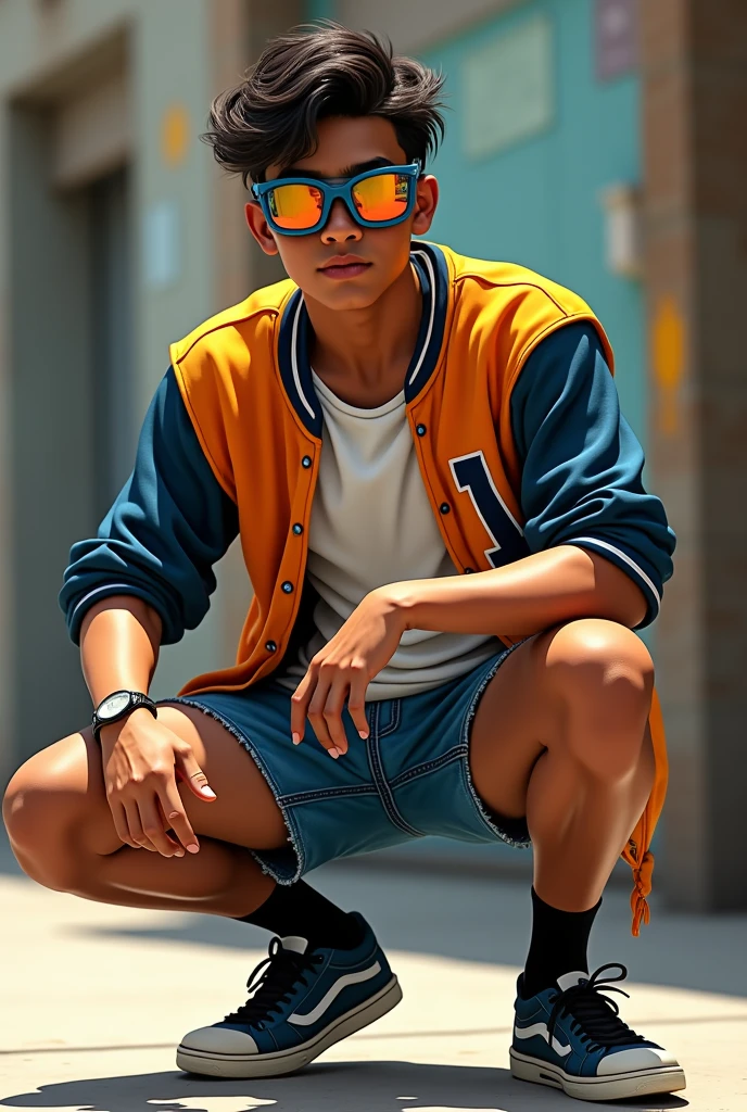 Mexican 20 year old man wearing open baseball jersey safety goggles and denim short shorts And black socks kneeling