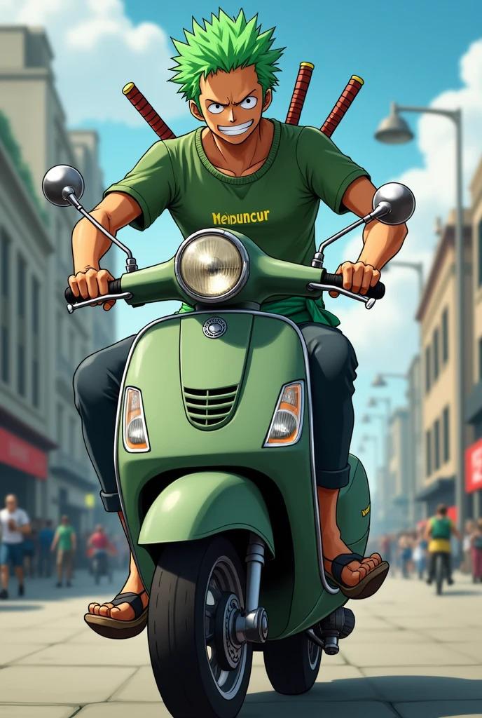 Zoro rides a moped wearing a green shirt that says MELUNCUR on his shirt