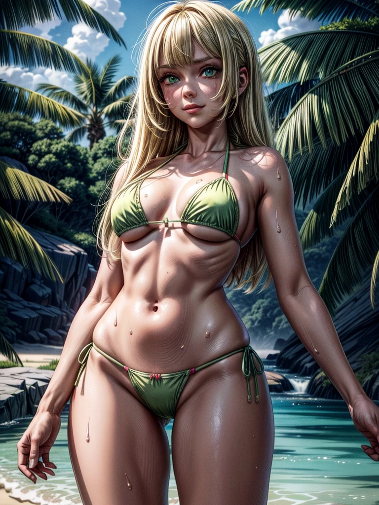 lillie, (blonde hair:1.4), ((young girl)), (green eyes:1.5), long hair, (small breasts:1.2), small Female, thicc thighs, curvy hips, tanlines, swimsuit mark,
BREAK, (bikini:1.4),
BREAK looking at viewer, at beach, (sweaty body), ((smirk)), (sweaty:1.3), (from below), (frontal view),
BREAK (masterpiece:1.2), best quality, high resolution, unity 8k wallpaper, (illustration:0.8), (beautiful detailed eyes:1.6), extremely detailed face, perfect lighting, extremely detailed CG, (perfect anatomy), 