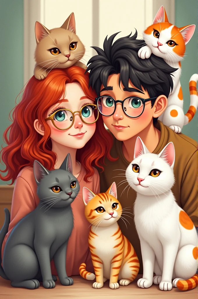Redhead girl, without pompadour, with gold glasses, with her dark brown haired boyfriend, with silver colored lenses, along with their pets which are: a medium-sized dog, beige and almost white in color, a baby gray cat, a white baby cat with orange spots on tail and head, and finally another bigger cat with lots of hair, White with amber spots on head and tail, her amber eyes 