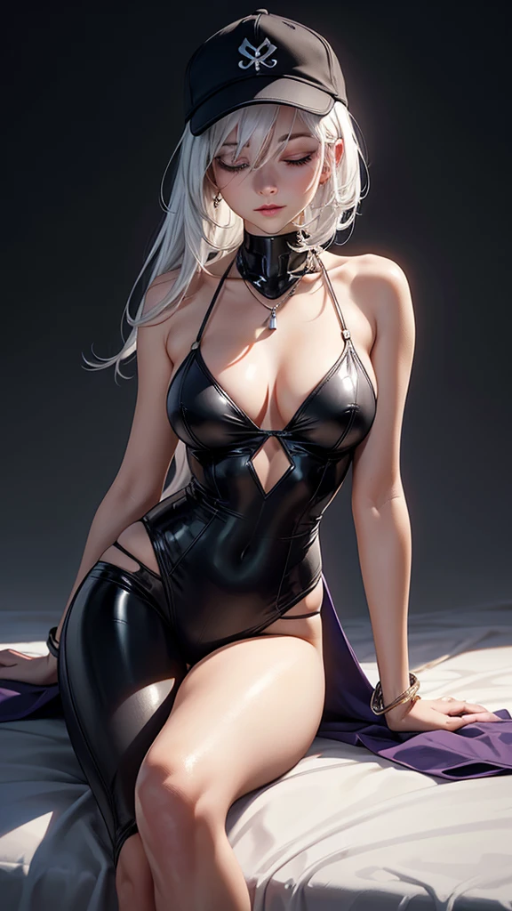 Pose: masterpiece, best quality, 4k, UHD, mishoujo, beautiful purple eye and detailed face, illustration, beautiful detailed, high resolution illustration, glowing_white_particles, 1girl standing or seated, leaning slightly to one side, with one leg crossed over the other or one foot slightly forward. Her arm can be relaxed by her side or gently resting on her hip, creating a graceful line.
Expression: Serene and confident, with closed eyes or a soft, content smile that conveys a sense of peace and elegance.
Attire: Elegant and form-fitting attire such as a flowing black and grey sleek bodysuit cyberpunk, techwear that complements the graceful lines of the pose.
Hair: Styled to enhance the pose, white hair, hair over one eye, short side tail, baseball cap to keep the focus on the arch.
Makeup: Subtle and glowing, with a focus on enhancing her natural beauty, adding a touch of glamour to the image.
Background: A minimalist or luxurious setting such as a serene cyberpunk city background that enhances the elegance of the pose.
Lighting: Soft, directional lighting that casts gentle shadows and highlights the curves of her body, creating depth and dimension.
Accessories: Minimal and tasteful, such as a delicate necklace, a bracelet adding a touch of sophistication without detracting from the pose.
Mood: Elegant, serene, and sensuous.