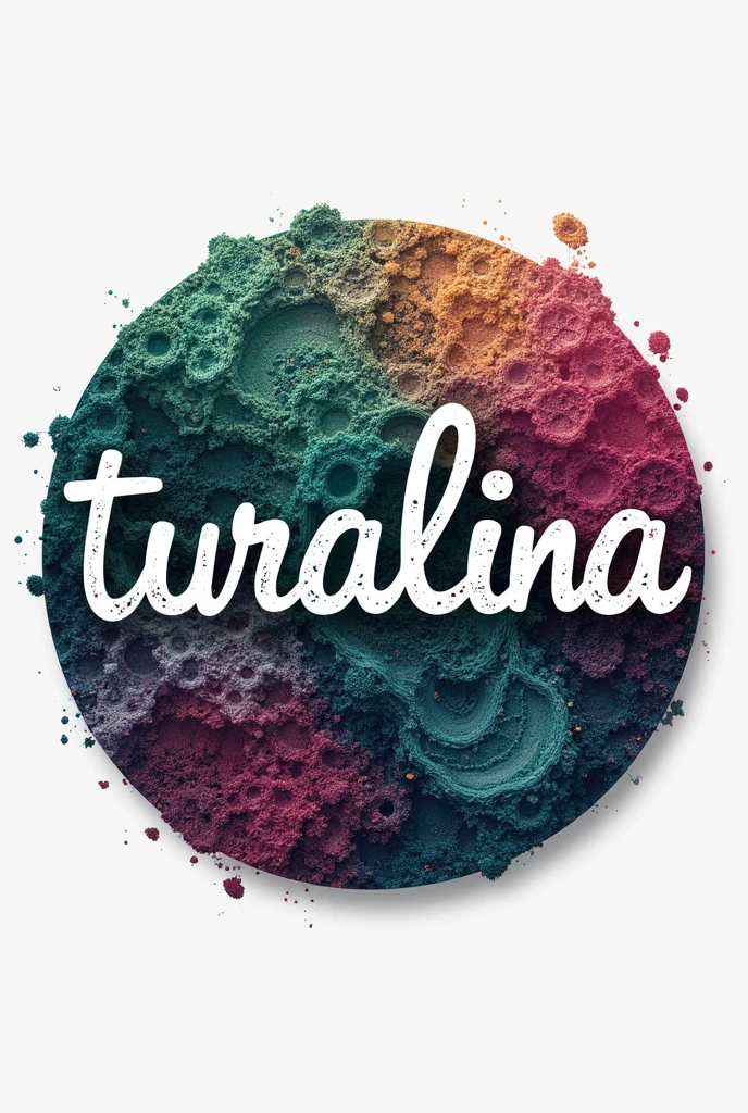 Logo brand written with name "tourmaline" In Portuguese, with colors the colors of the stone on a round background and with crochet, chic , escreva a palavra turmalinA inteira In Portuguese