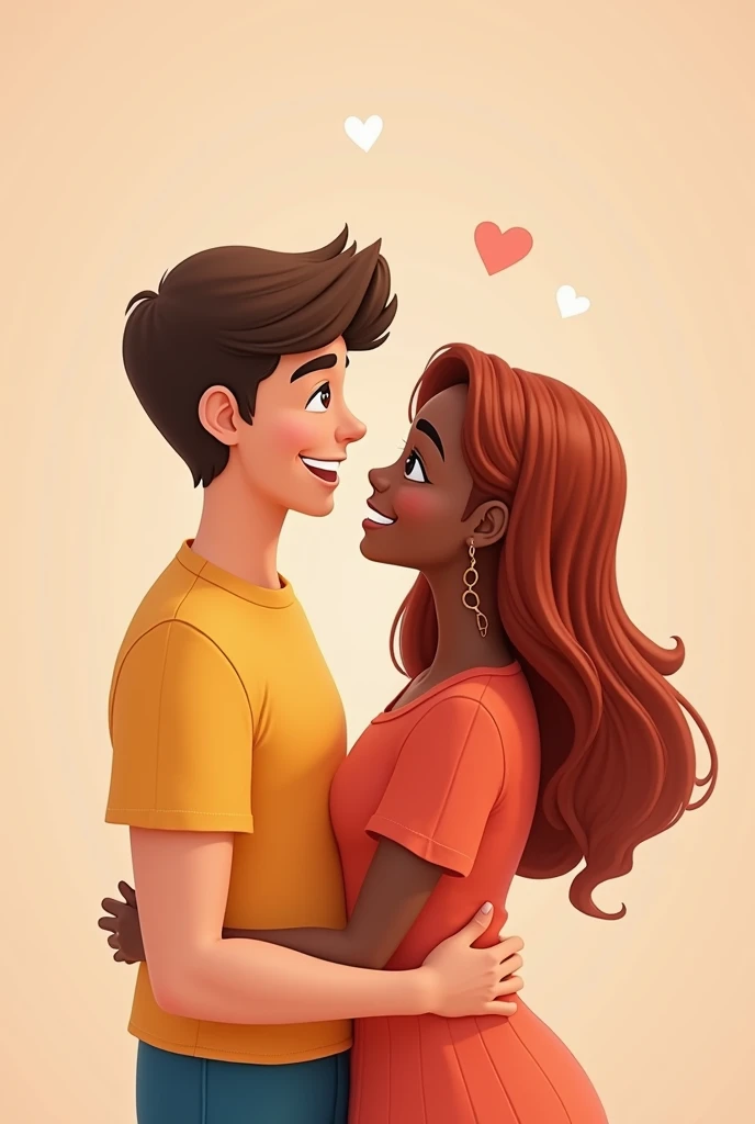 Animated Couple Relationship: White man with straight brown hair, 2, and Black woman with straight dark reddish blonde hair, 1