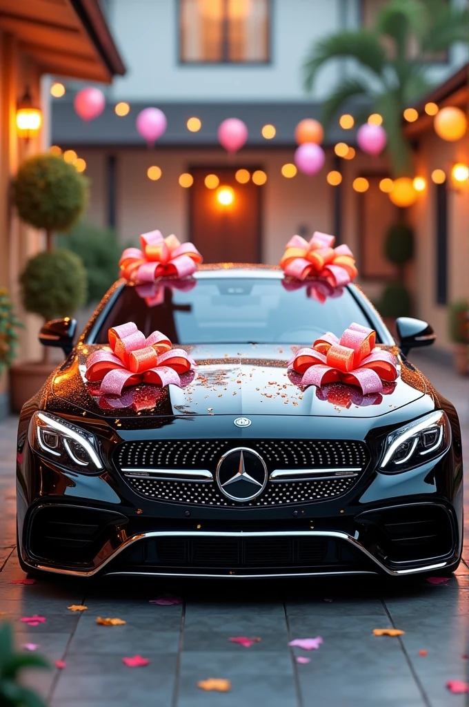 A mercedes benz with birthday bows on it
