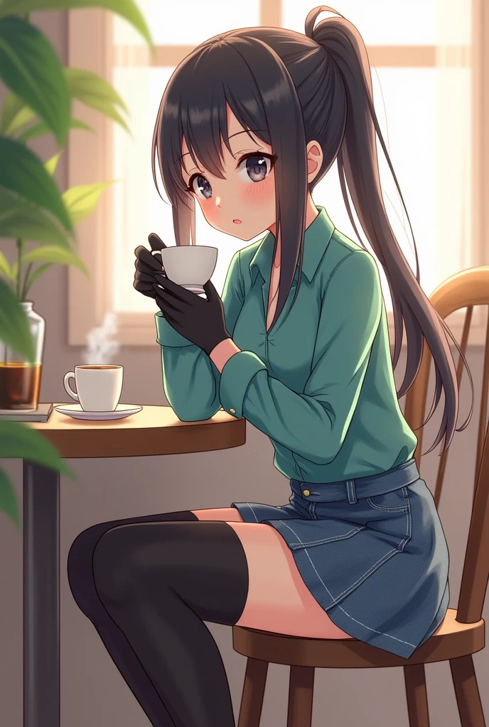 Anime beautiful girl Ayato Aishi drinking coffee. (you are cute lesbian girl to her that she love) Ayano Aishi has pale skin, dark grey eyes, and straight, mid-back length black hair. She stands at a height of 165 cm (5 ft. 5 in), weighs 43.5 kg (96 lbs.), and has average-sized breasts. Her hair is tied into a high ponytail with sharp bangs swept to the right, the middle one being the most prominent, and two strands of hair that frame her face, reaching to her shoulders. Ayano will wear a teal-green shirt, blue denim skirt, black thigh high socks, black gloves, and sneakers.