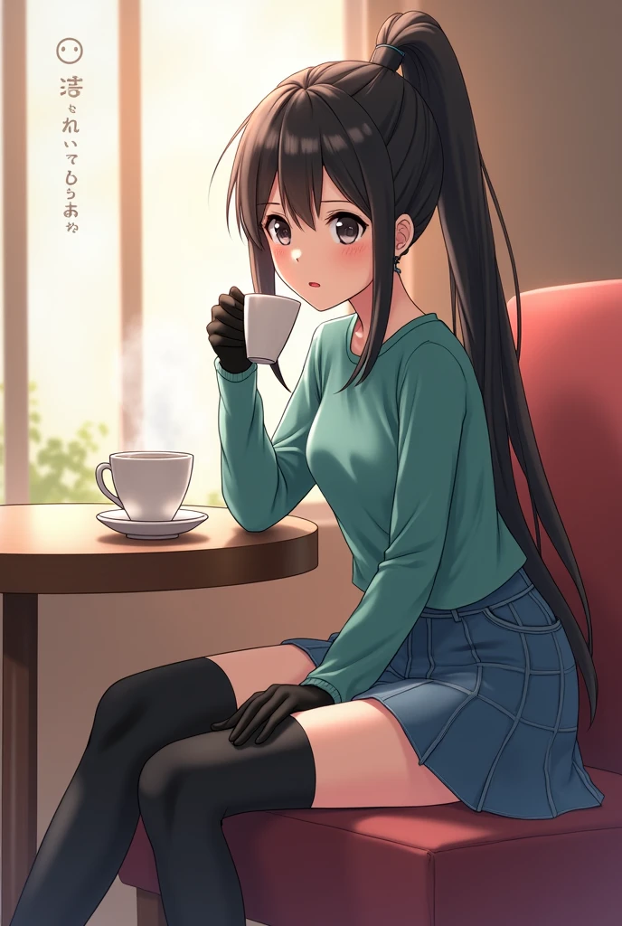 Anime beautiful girl Ayato Aishi drinking coffee. (you are cute lesbian girl to her that she love) Ayano Aishi has pale skin, dark grey eyes, and straight, mid-back length black hair. She stands at a height of 165 cm (5 ft. 5 in), weighs 43.5 kg (96 lbs.), and has average-sized breasts. Her hair is tied into a high ponytail with sharp bangs swept to the right, the middle one being the most prominent, and two strands of hair that frame her face, reaching to her shoulders. Ayano will wear a teal-green shirt, blue denim skirt, black thigh high socks, black gloves, and sneakers.