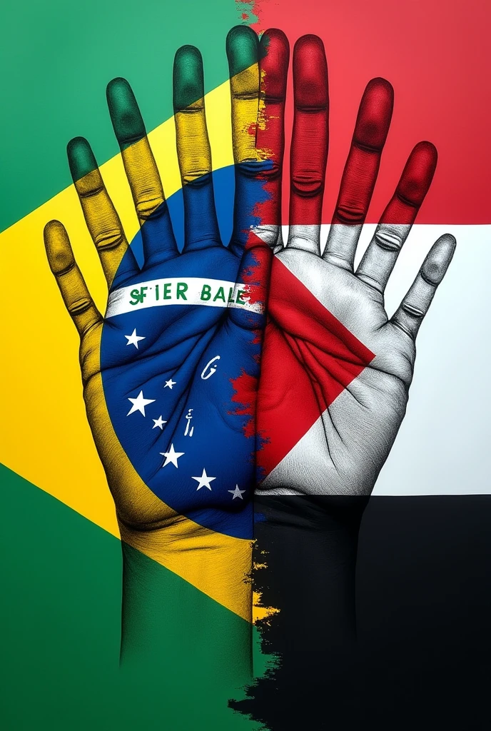 half brazilian flag, half of the palestinian flag covering the entire space. the design is as if it were a drawing making half of each flag cover the entire space. something very simple . In this drawing I want to put the hands of my 80 students, all stamped with ink, on the drawing already made with the colors of the flag.. It is a panel 4 meters long and 3 meters wide
