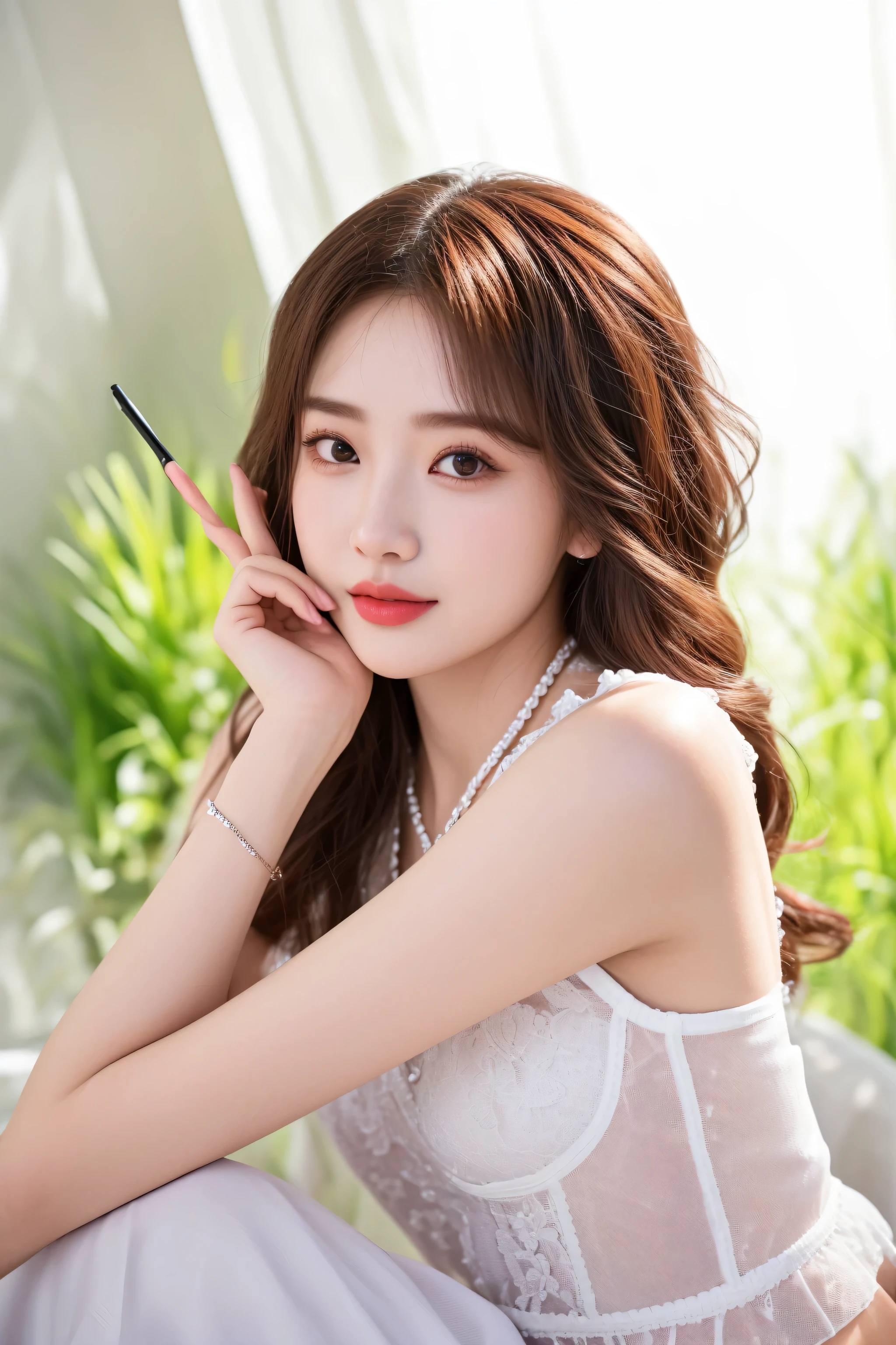 araffe woman sitting on a bed with a cell phone to her ear, portrait of female korean idol, beautiful young korean woman, tzuyu from twice, gorgeous young korean woman, lee ji - eun, lee ji-eun, beautiful south korean woman, hwang se - on, hot with shining sun, cute korean actress, park ji-min, portrait image