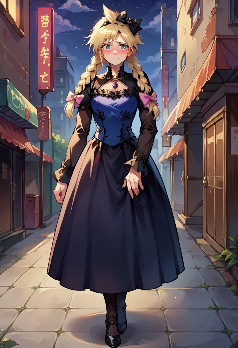 score_9, score_8_up, score_7_up, source_anime, 1girl, solo, female focus, female body, dressCloud, crossdressing, blonde hair, twin braids, hair bow, frilled dress, black dress, puffy sleeves, long sleeves, long dress ,standing, nervous, blushing, full body, looking at you, metallic city, dark sky, night, 