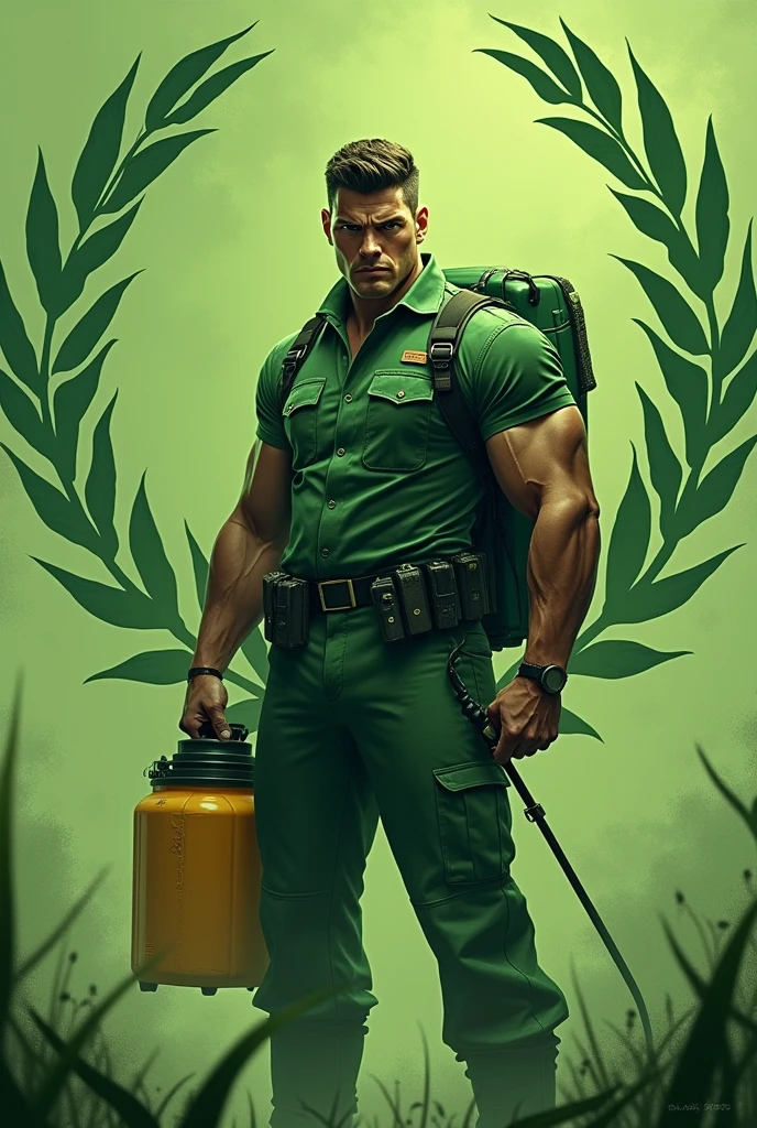 Crie uma imagem com o nome “atlética dessecante” e o nome “a.a.a.It is.a” com o símbolo da agronomia no fundo com um homem bem forte e bonito vestido com uniforme de agronomia verde, with an angry face and holding a hand sprayer. How brave. (Image details should be in moss green)