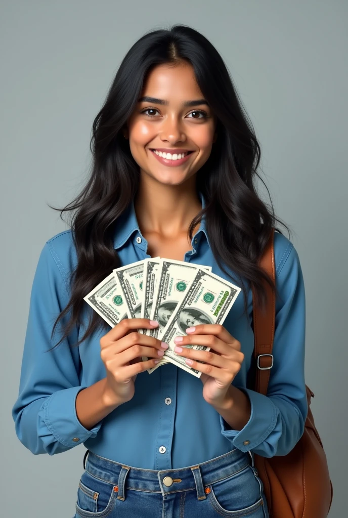 The image shows a young beautiful Indian girl with clear eyes with a big smile on his face, holding a bunch of money in her right hand. She is wearing a  blue shirt, and blue jeans and long black shiny hairs. She has a brown backpack slung over her shoulder and is standing against a grey background. The girl appears to be happy and confident, with a slight smile on one hand and a slight frown on her lips and lips be rose colour realistic. The money in the her left and right hand is a mix of clear US Dollars bills, and she is mixed both hands
