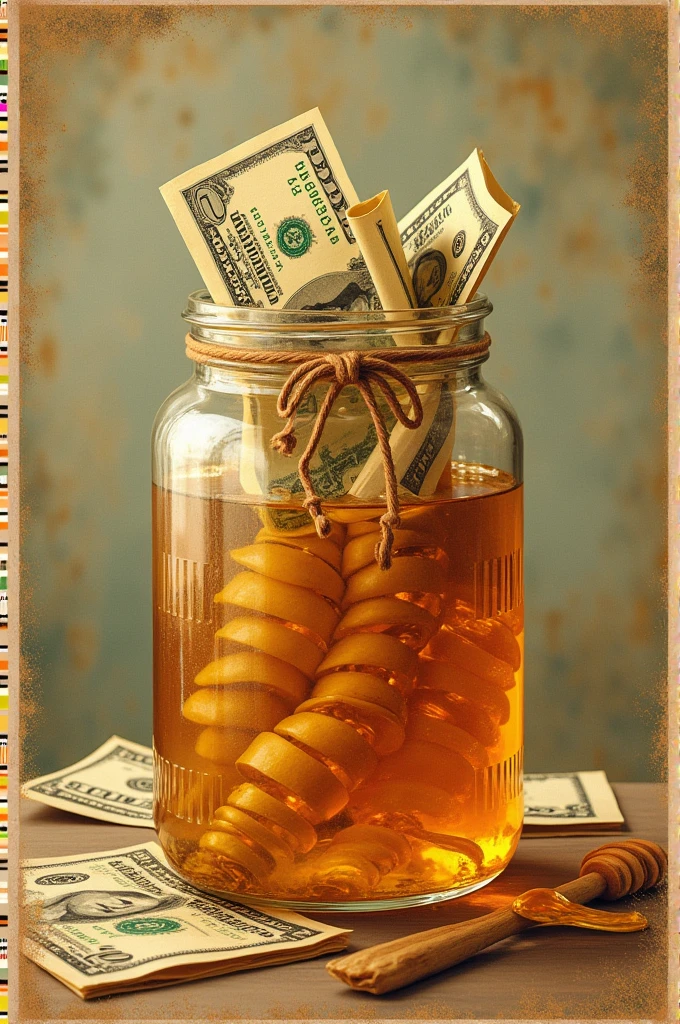 An advertising poster made in the 50s with a retro aesthetic Containing a jar of honey with several dollar bills inside, mixed with honey