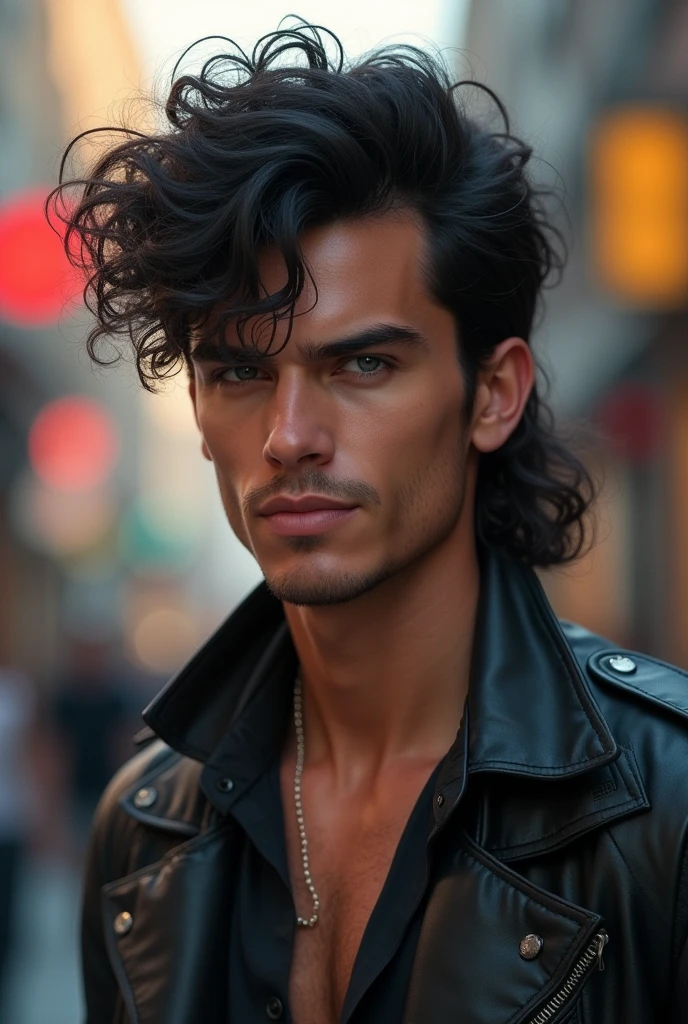 make a man dark, with curly hair and a mullet cut, that is moderately high, be funny, a handsome