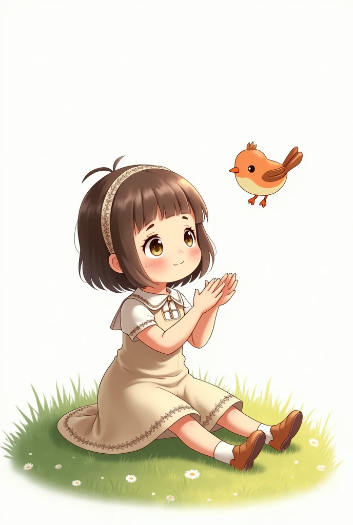 white background,cute siting on grass,she look at the little bird,rais her hands to the little bird,little bird flying,best quality,smart frock wearing the girl