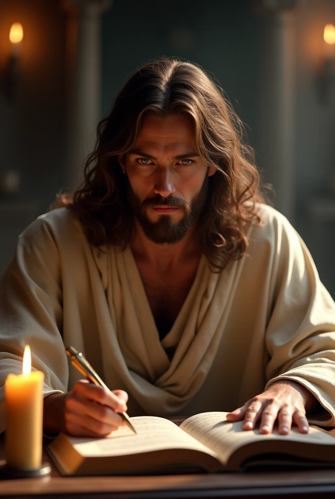 Jesus Christ writing in a book, in a large room, half light, with candles, with a light coming from above, male, bearded, long hair, brown hair, brown eyes, face centered, sunset, portrait, face, gorgeous, perfect composition, gorgeous, detailed, intricate, insanely detailed, octane, rendering, trend, in, art, art, fine art, fine art photography, photorealistic concept art,  Perfect Light, Soft, Natural, Volumetric, Chiaroscuro, Award-Winning Photography, Artwork