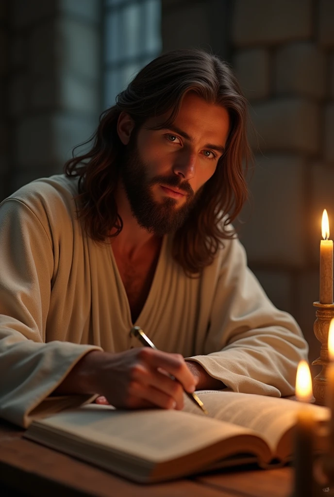 Jesus Christ writing in a book, in a large room, half light, with candles, with a light coming from above, male, bearded, long hair, brown hair, brown eyes, face centered, sunset, portrait, face, gorgeous, perfect composition, gorgeous, detailed, intricate, insanely detailed, octane, rendering, trend, in, art, art, fine art, fine art photography, photorealistic concept art,  Perfect Light, Soft, Natural, Volumetric, Chiaroscuro, Award-Winning Photography, Artwork