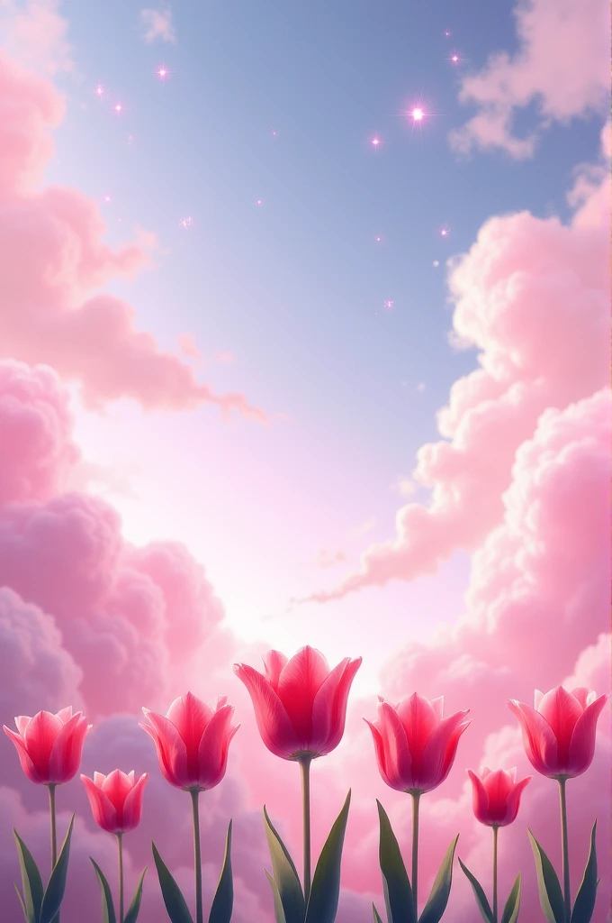 I want a row of pink tulip flowers with dreamy clouds and some stars as well, which will give an aesthetic effect.
