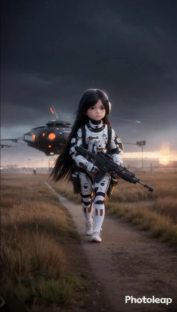 Pixar style, Full-length, young girl with black straight hair, dark honey eyes, a little plump, dressed in a white tight T-shirt and white tight shorts with orange ornaments , white sports boots, headphones on her head, doing sports in the park, in the background you can see a futuristic city with small houses, night time.