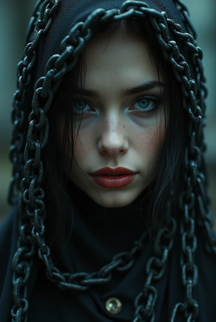 a woman with chains, beautiful detailed eyes, beautiful detailed lips, extremely detailed face, long eyelashes, intricate metal chains, industrial steel, dark moody lighting, dramatic shadows, cinematic composition, dark fantasy, dark gothic, dramatic colors, moody color palette